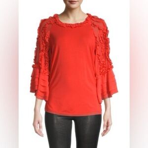 NWT Kobi Halperin Aliza Ruffle Top. Bright Orange/Red. Size Large.